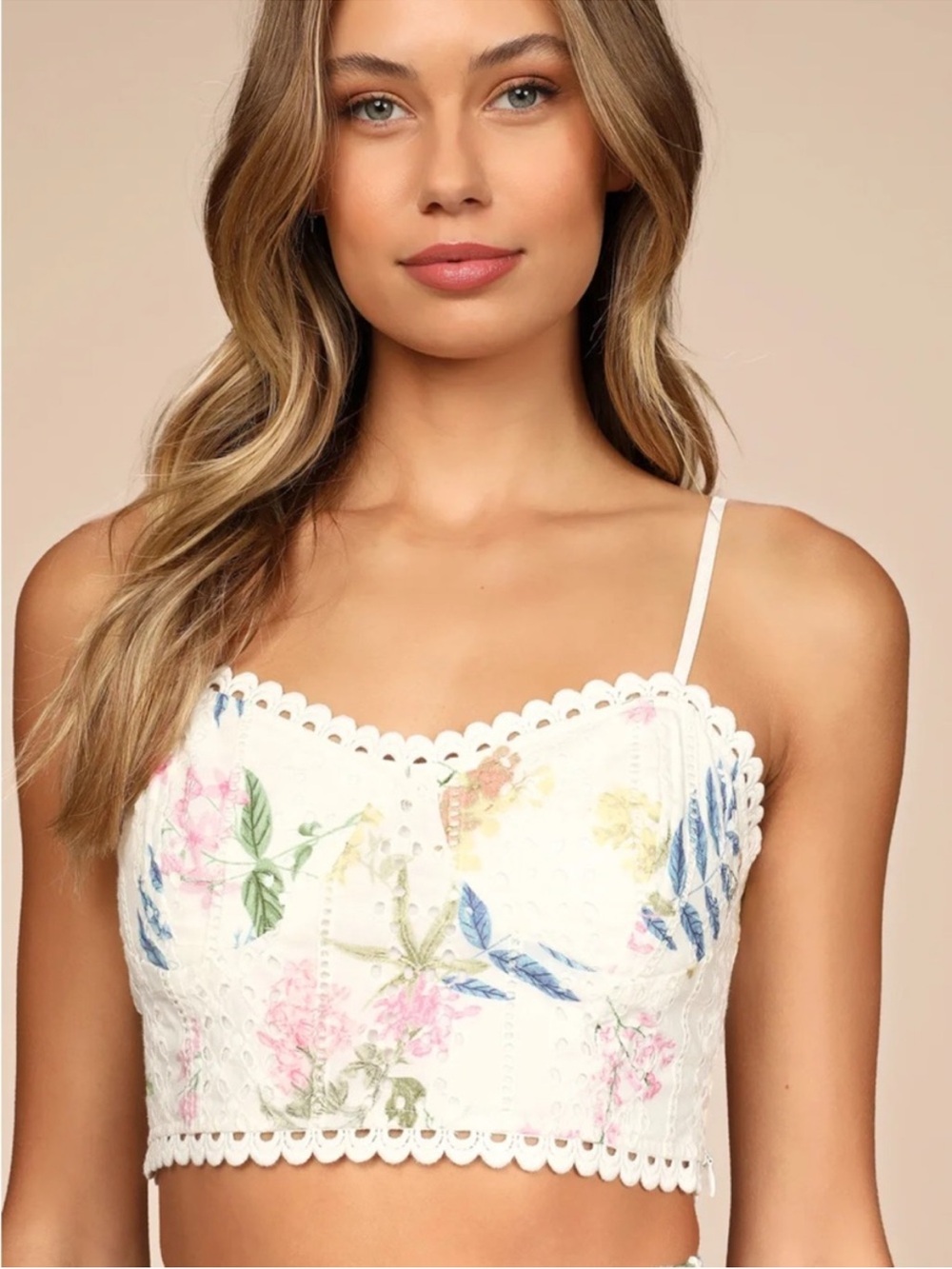 Lulu's White Floral Two-Piece Eyelet Skirt  Set Sz:S - Picture 4 of 14